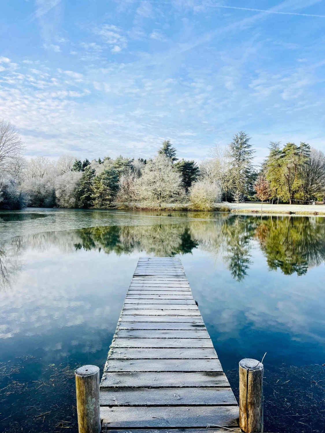 L'étang privé et son ponton de bois, au petit matin d'hiver