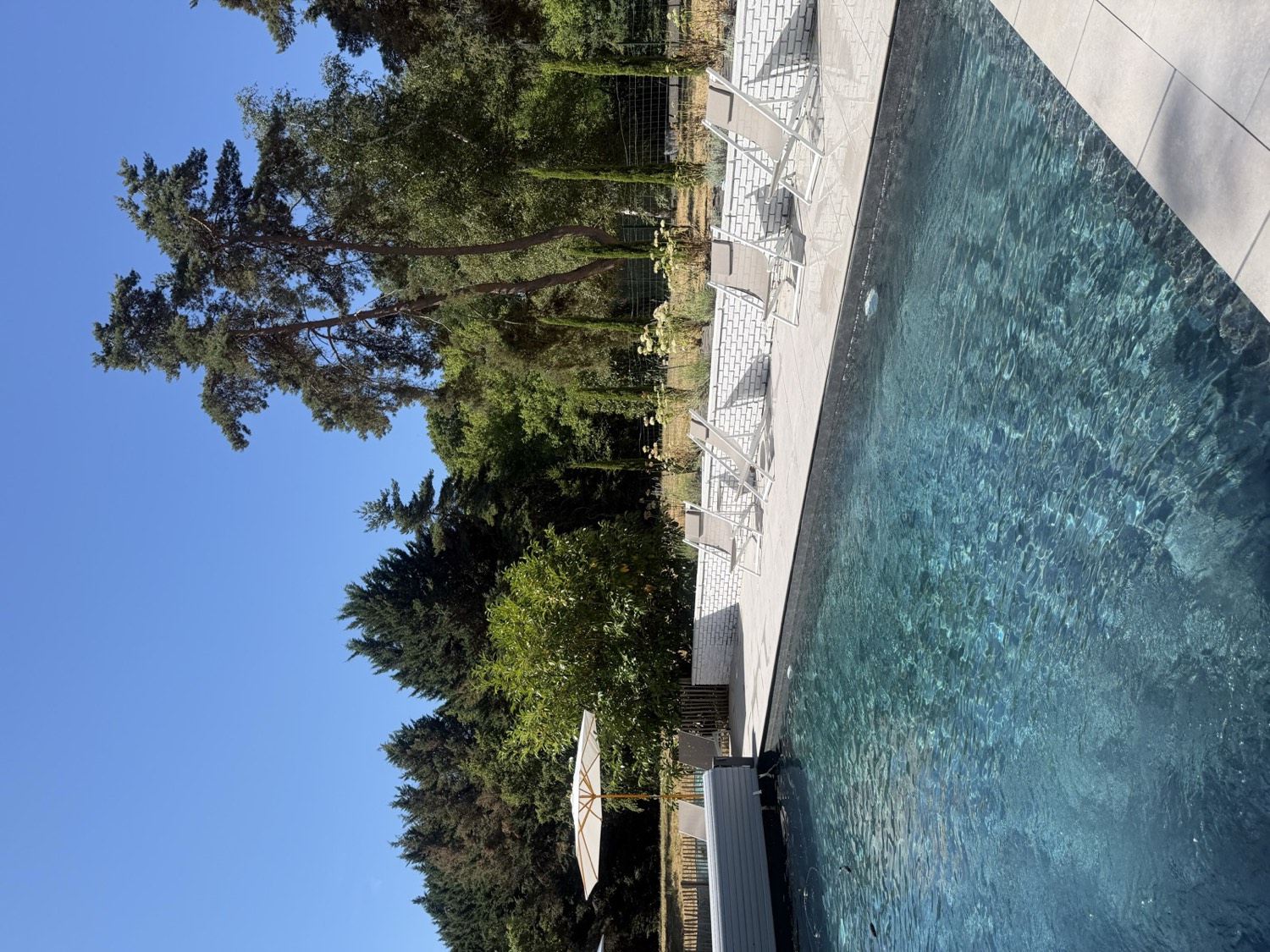 La piscine chauffée et sa terrasse plein soleil, transats et parasol
