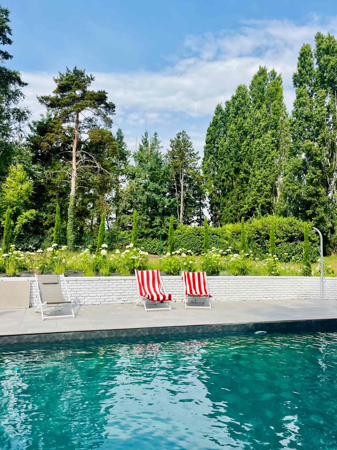 La piscine chauffée et ses transats rayés, face aux grands pins