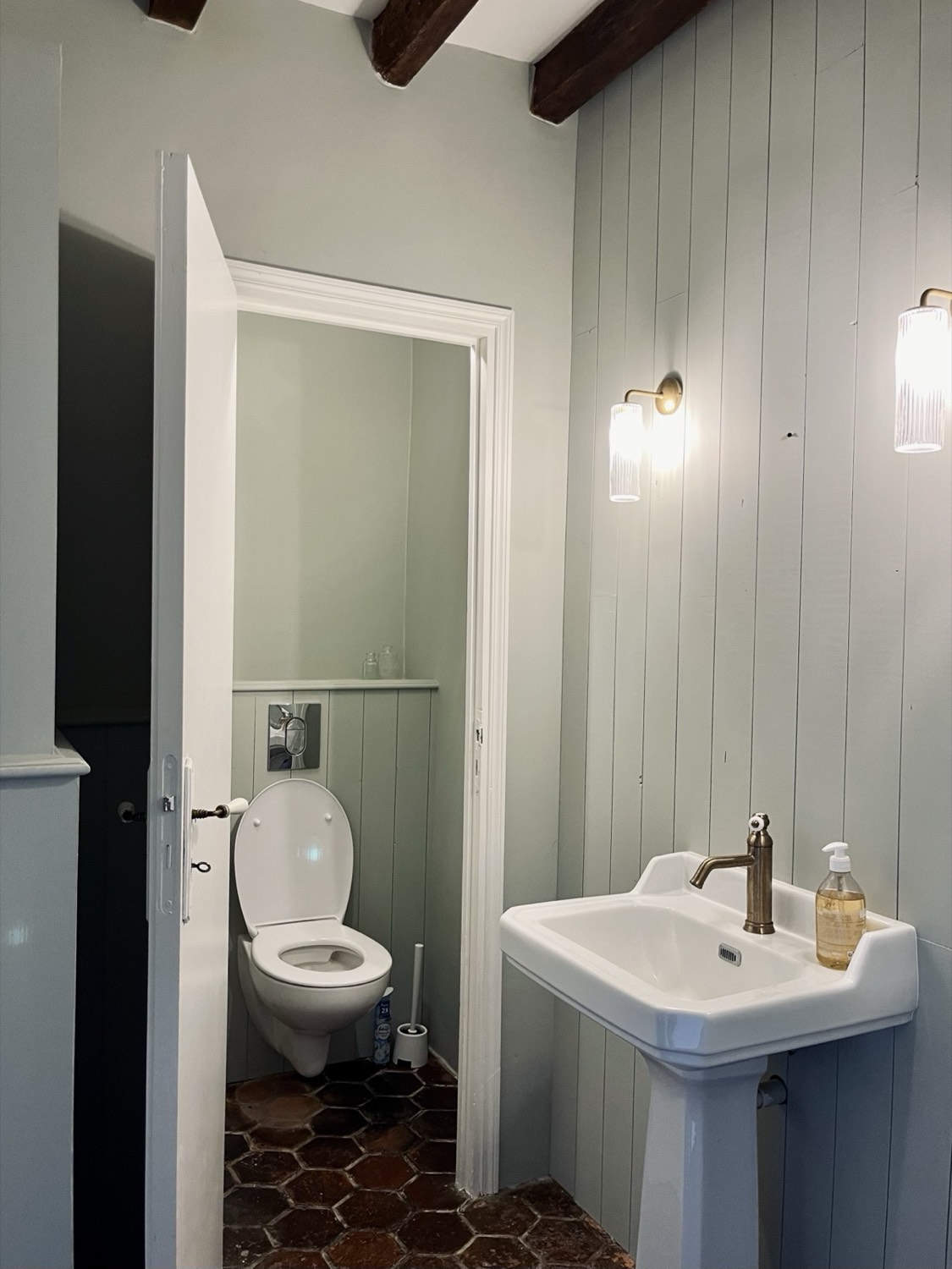 Toilettes indépendantes et lavabo sur colonne